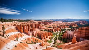 Panoramic view of Bryce Canyon National Park with towering red hoodoos under a bright blue sky, capturing the beauty of a one-day hiking adventure.