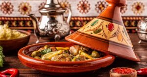 Traditional Moroccan tagine dish served in a clay pot