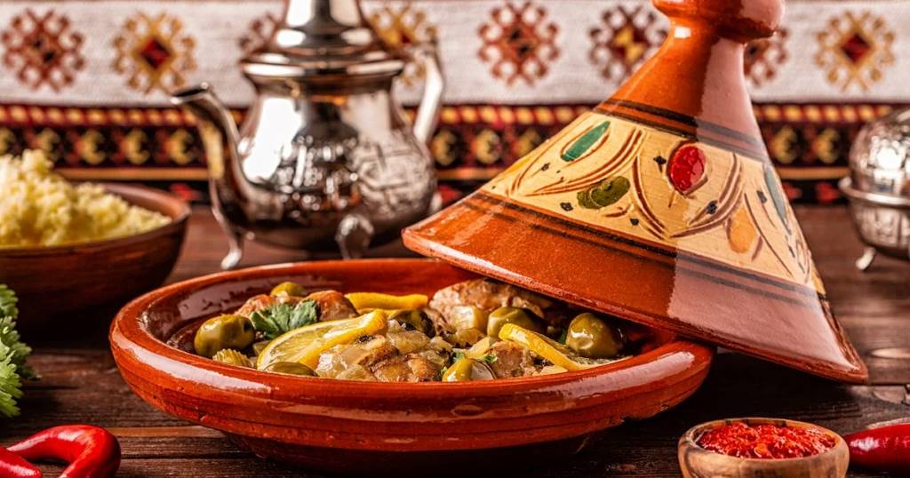 Traditional Moroccan tagine dish served in a clay pot