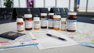 Prescription medication bottles with pharmacy labels next to doctor's letter and travel documents on airport table