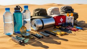 Desert survival equipment laid out on sand including water bottles compass emergency blanket first aid kit and sun protection gear