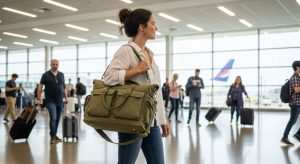Woman carrying spacious travel tote with adjustable straps at airport terminal