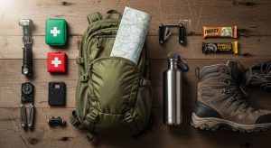A flat lay of budget-friendly trekking gear including a compact backpack, water bottle, trail map, and hiking boots arranged on a wooden surface