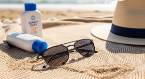 Close-up of premium eyewear resting on a sandy beach towel with sunscreen and a straw hat beside them