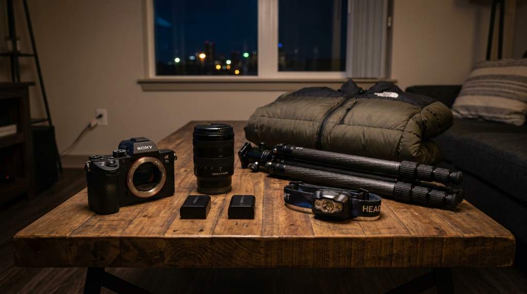 Mountain trail at sunrise with photography equipment